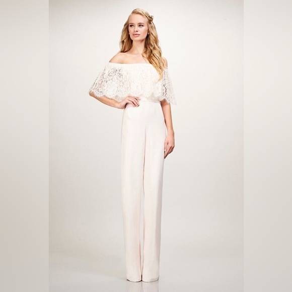 BHLDN Theia Mila Off-the-Shoulder Cream Lace Jumpsuit, Size 14 - Picture 1 of 12